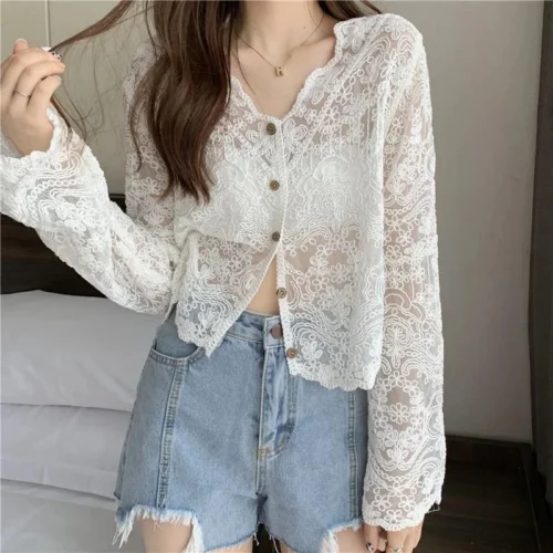 kf S66ceda6f137e4f4b84498f0542cec979M MEXZT Vintage Lace Blouse Women Sheer Long Sleeve Sunscreen Shirt Cardigan Vacation Korean Elegant Casual Sun