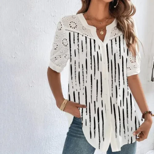 kf S6734bec6050f43a69c1c69f64b1ceb65a Temperament Casual Lace Woman Shirt Fashion Loose Shirt Woman Elegant Short Sleeve Blouse Holiday Weekend