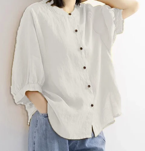 kf S675af203998740d1913086d5ec6075c8K ZOKI Casual Cotton Linen Shirts Oversize Summer Lantern Half Sleeve Tops Summer Korean Loose Mom Button