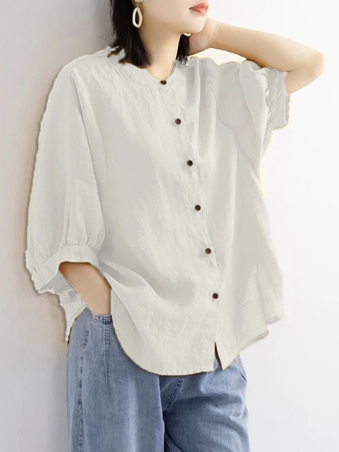 kf S675af203998740d1913086d5ec6075c8K ZOKI Casual Cotton Linen Shirts Oversize Summer Lantern Half Sleeve Tops Summer Korean Loose Mom Button