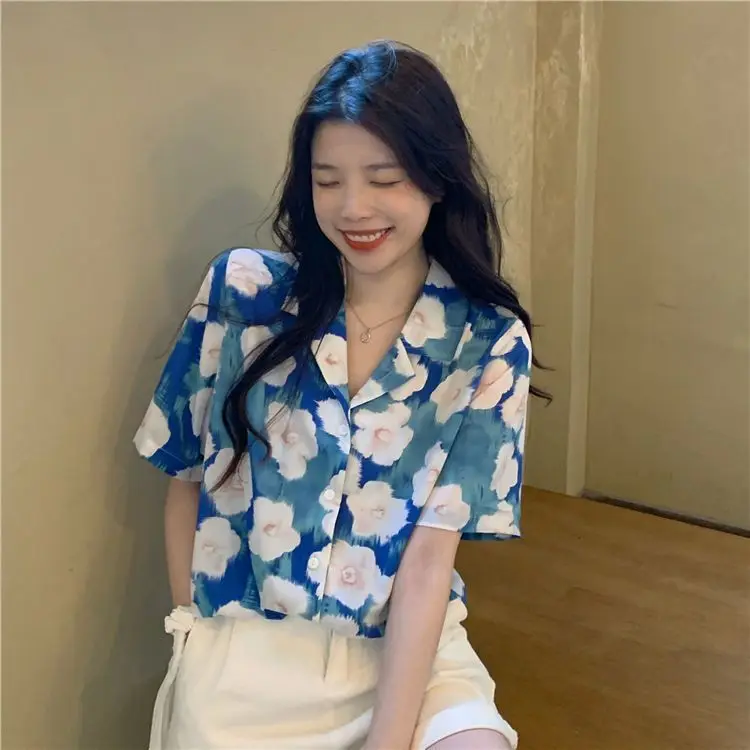 kf S67b063fcc1854f30b66306adc869a081M Summer Korean and Hong Kong style retro short sleeved shirt for female students holiday style oil