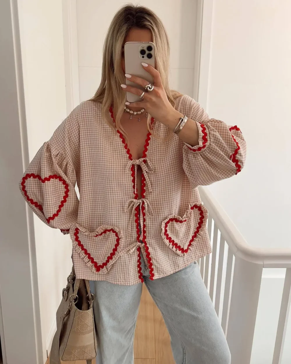 kf S67bd5875e7a44aeba593ba56e8a9d137l Vintage Women Loose Heart Pockets Shirts 2024 Fashion Ladies Casual V Neck Bow Buttons Blouses for