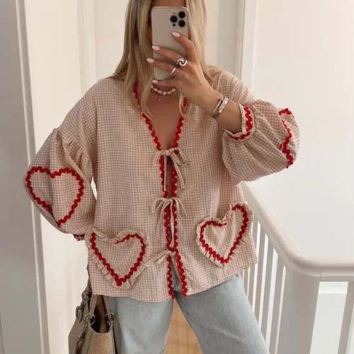 kf S67bd5875e7a44aeba593ba56e8a9d137l Vintage Women Loose Heart Pockets Shirts 2024 Fashion Ladies Casual V Neck Bow Buttons Blouses for