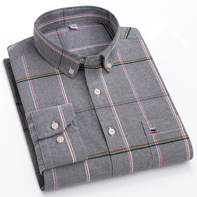 kf S6b954dec37664a1b85837b1fb9056a6eN Men s 100 Cotton Shirt Long Sleeve Plaid Oxford Casual Solid Color Print Regular Fit Formal