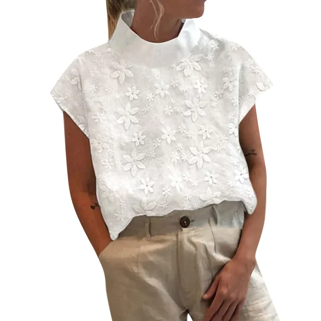 kf S6bee8d282eb3434a96fe4da2cc92ec397 Button up Women Blouse Solid Color Summer Hollow Out Pullover Lace Loose Short Sleeve Shirts camisas