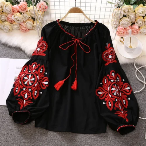 kf S6ed02be98b104057b95f2a2ff0cca6c3t EWQ Sweet Style Women Pullover Shirts Embroidery Patchwork Bandage V neck Lantern Sleeve Spring Summer 2023