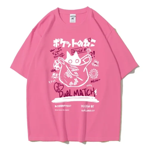 kf S706c86b35a9f4a97a9c2832b4190bdf0s Men Women Cartoon T Shirts 2024 Summer Harajuku Kawaii Cat Printed Short Sleeve Tees Couple Streetwear