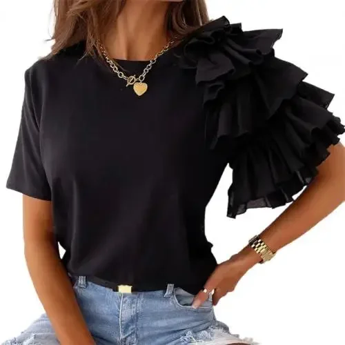 kf S709cdd4368a34e19bfb22bb170f46561A Fashion blouse women elegant white Solid Color Layered Ruffle Short Sleeve Asymmetric Loose T shirt Top