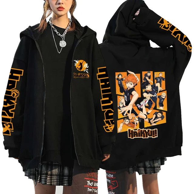 kf S726f1c0b1f454a90bbdc7587e1556a29o Women Men Anime Hoodie Haikyuu Zip Up Jacket Karasuno High School Plus Size Sweatshirt Harajuku Unisex