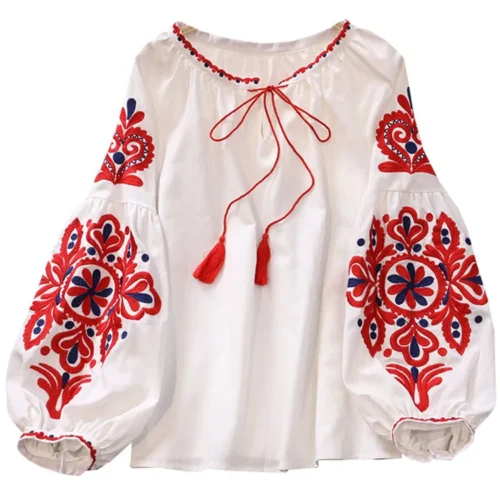 kf S73180235c0d34fb59d8e6d7e0dde6535V EWQ Sweet Style Women Pullover Shirts Embroidery Patchwork Bandage V neck Lantern Sleeve Spring Summer 2023