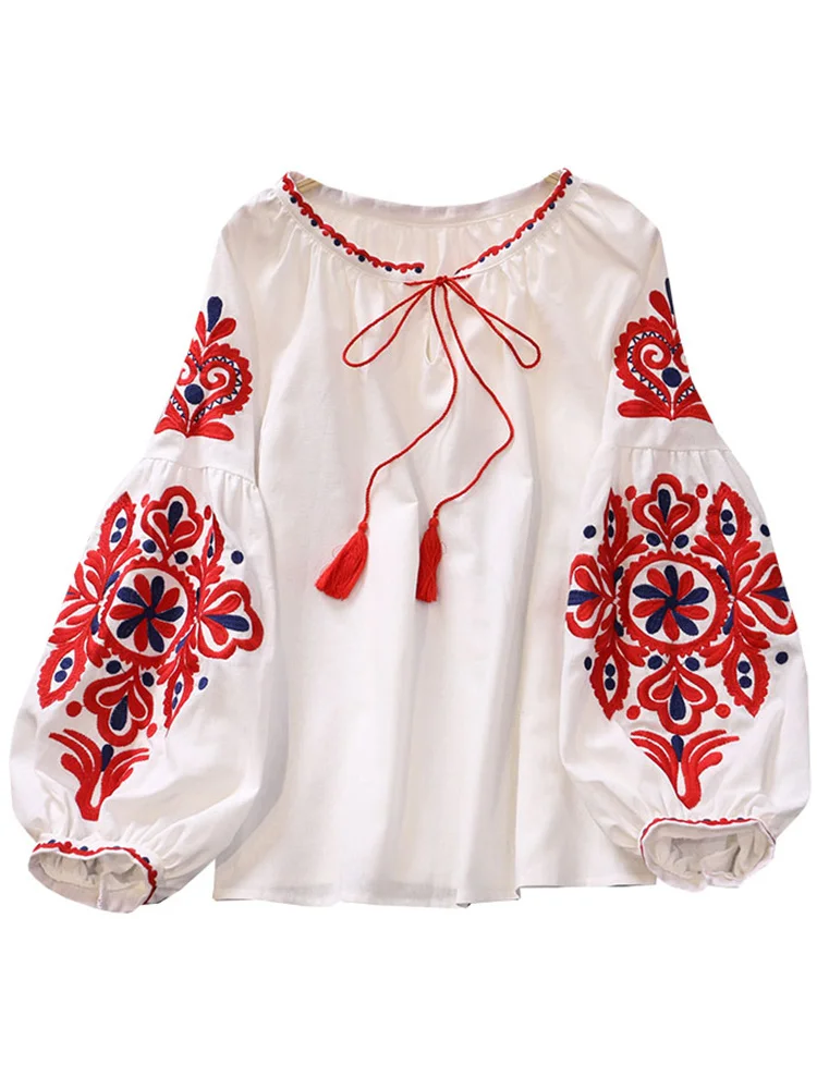 kf S73180235c0d34fb59d8e6d7e0dde6535V EWQ Sweet Style Women Pullover Shirts Embroidery Patchwork Bandage V neck Lantern Sleeve Spring Summer 2023