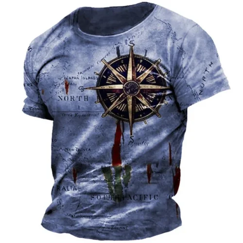 kf S742bc4c294dd484ea8313a175e0c1c2fh Men s Vintage Nautical Map Compass Print T Shirt Summer Daily Loose Short Sleeve Male Tops