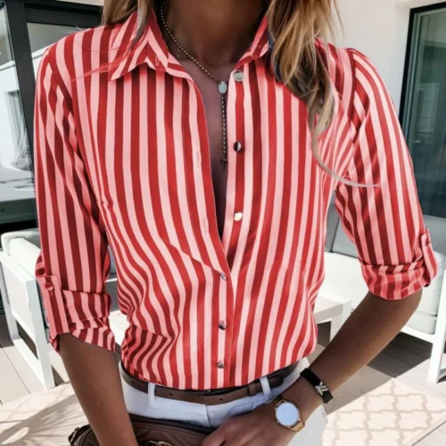 kf S75595dee5e3c4f15bcd55e93cbe8756cI Casual Striped Shirts for Women 2024 Autumn Vintage Women s Shirts and Blouses Fashion Elegant Youth