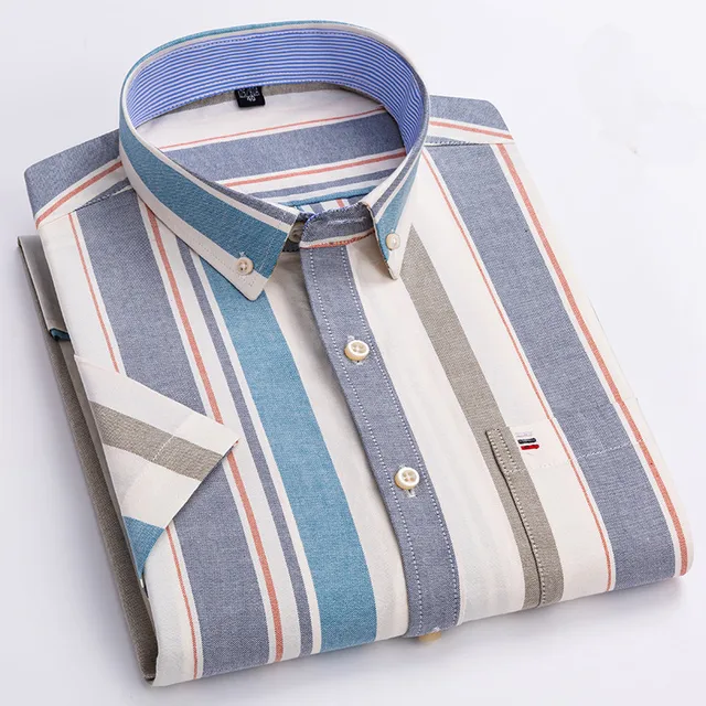 kf S76ea4ce518fd4ed3b8279182ff4d652a8 New High Quality Cotton Shirts for Men Short Sleeve Summer Plaid Striped Male Business Casual White