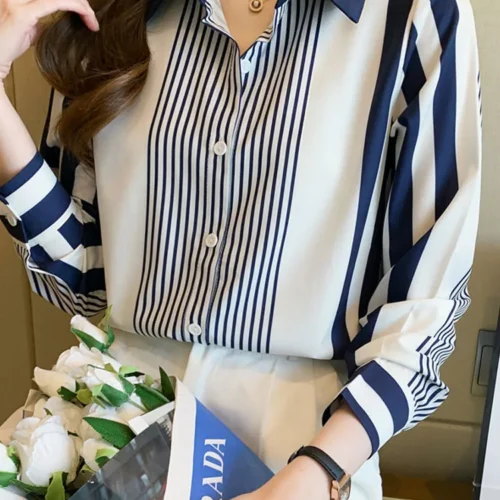 kf S788dce9114464235aae2d94721901c90b Long Sleeve Striped Chiffon Blouse Shirt Women Tops Blusas Mujer De Moda 2024 Turn Down Collar