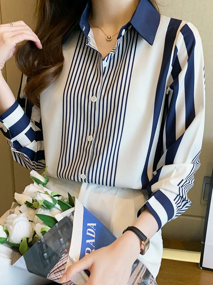 kf S788dce9114464235aae2d94721901c90b Long Sleeve Striped Chiffon Blouse Shirt Women Tops Blusas Mujer De Moda 2024 Turn Down Collar