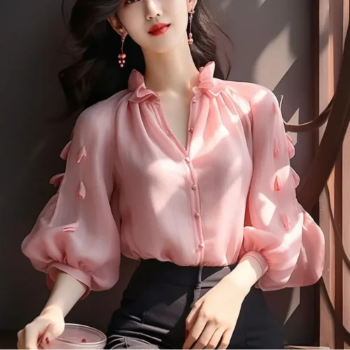 kf S79ac6e663d4a43599c95ac72bf0e69310 French Style Chic 2024 New Spring Blouses Women s Solid Color V Neck Edible Tree Fungus