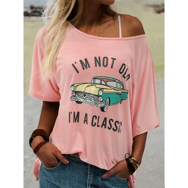 kf S79cddcaa799d4d92b740579f0d38feeeF Solid Color Letter Car T Shirt Women s Round Neck Short Sleeved Summer Casual Pullover 1