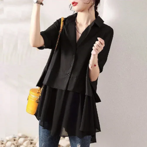 kf S7aa621dc922743749f5cb0dbf5724d44p Single Breasted Thin Solid Cotton Spliced Women Shirt V Neck Slim Pleated Summer Office Lady Women