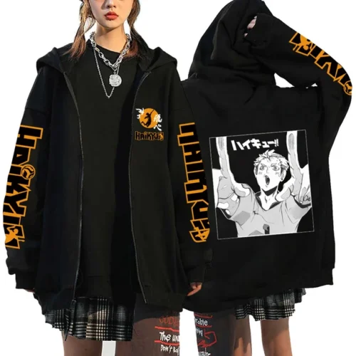 kf S7b59f3e698c8436291ea4767ad088608M Women Men Anime Hoodie Haikyuu Zip Up Jacket Karasuno High School Plus Size Sweatshirt Harajuku Unisex