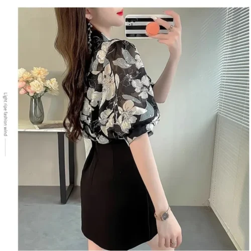 kf S7bc8f205a7c04f22bb0f1cc80edb100cg Retro Korean Summer 2024 Women s New Spliced Polo Neck Button Printing Embroidery Fashion Casual Puff