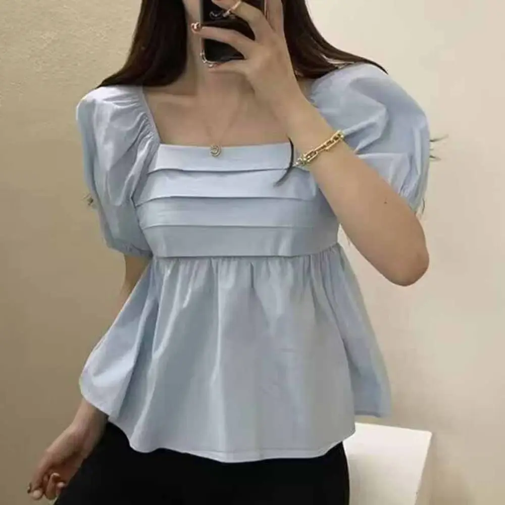 kf S7db859efd69149a0862178cc07694fc6J Puff Sleeves Blouse Fashion Pleated Square Collar Crop Top Tube Top A line Shirt Blouse Womne