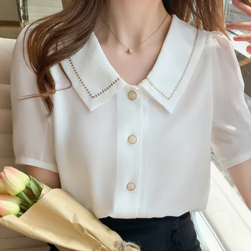 kf S7df1301ed43746f887aff7a2530849bf7 Blusas Blouses Femme Tops Women Turn Down Collar Blouse Women 2024Summer White Blouse Short Sleeve Chiffon