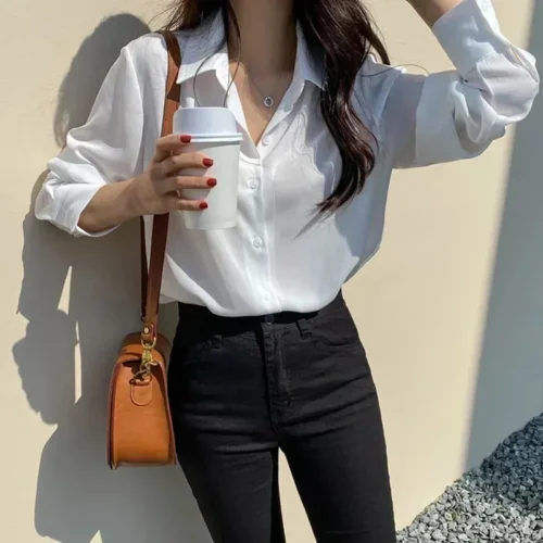 kf S7e9f88eb45cd4cf48b882b3d20a549987 Black Korean New Spring Fashion Women Tops Blouse White Blouse Bottom Shirt Chiffon Shirt Office Lady