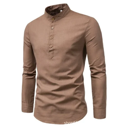 kf S7fd2ad25bed7471a830052116b6a7445q Men s solid color casual slim fitting standing collar long sleeved business shirt shirt