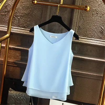 kf S806a8c28b7f04749b29449e754cf8af4i 2024 Fashion Brand Women s Blouse Tops Summer Sleeveless Chiffon Shirt Solid V neck Casual Blouse