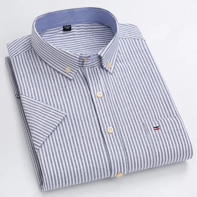 kf S813e66c6fe6c45a5aec479a9a488a640p New High Quality Cotton Shirts for Men Short Sleeve Summer Plaid Striped Male Business Casual White