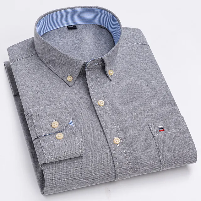 kf S81ccd7c85f2f47aeb9796fdbbab1b761r Men s 100 Cotton Shirt Long Sleeve Plaid Oxford Casual Solid Color Print Regular Fit Formal