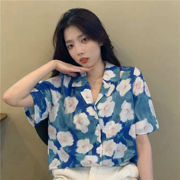 kf S87b88adbd88b4742a6e620e14f0a69a7A Summer Korean and Hong Kong style retro short sleeved shirt for female students holiday style oil