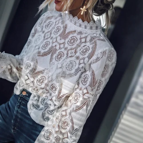 kf S88862eb31c1f4bdeb3dc146de198f026g Lace Women Blouses Casual Solid Half High Collar Hollow Out White Shirt Embroidery Loose Womens Tops