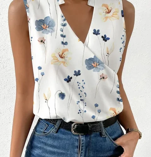 kf S88a638817666435fa2ff847f0185d33aq Fashion V neck Sleeveless Print Women Tops And Blouses 2023 Summer Casual White Tank Top Femme