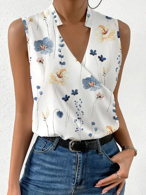 kf S88a638817666435fa2ff847f0185d33aq Fashion V neck Sleeveless Print Women Tops And Blouses 2023 Summer Casual White Tank Top Femme