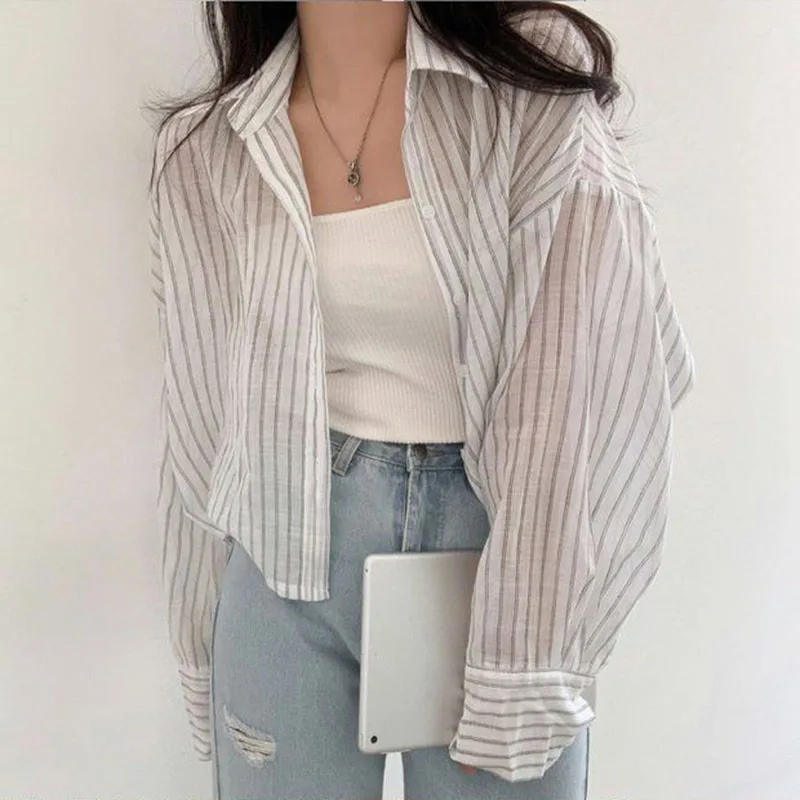 kf S8a76110866de45eaa5e0b65a341bc09dh Stripe Chiffon Long Sleeve Crop Shirt Woman Korean Chic Office Lady Button Blouse Summer Thin All