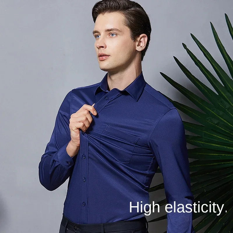 kf S8add477bc327429483ba1370e7ae5e3c8 Men s long sleeved elastic shirt non ironing business dress professional work attire stand up collar