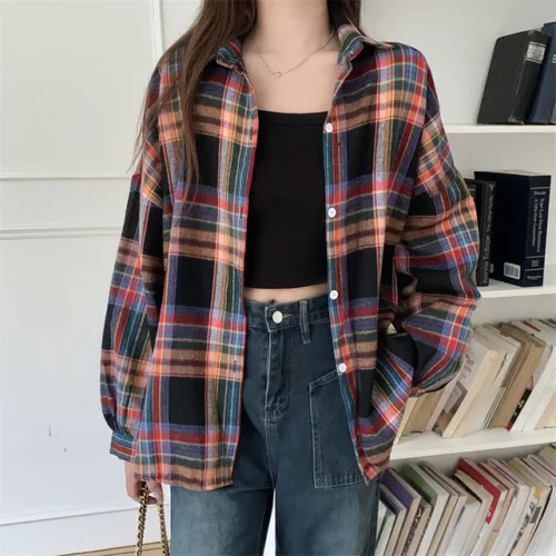 kf S8b8869c236dc47dea34efeb2c84b16d15 Plaid Shirt Women Autumn Long Sleeve Top Female Vintage Fashion Single Breasted Blouse Ladies Preppy Style