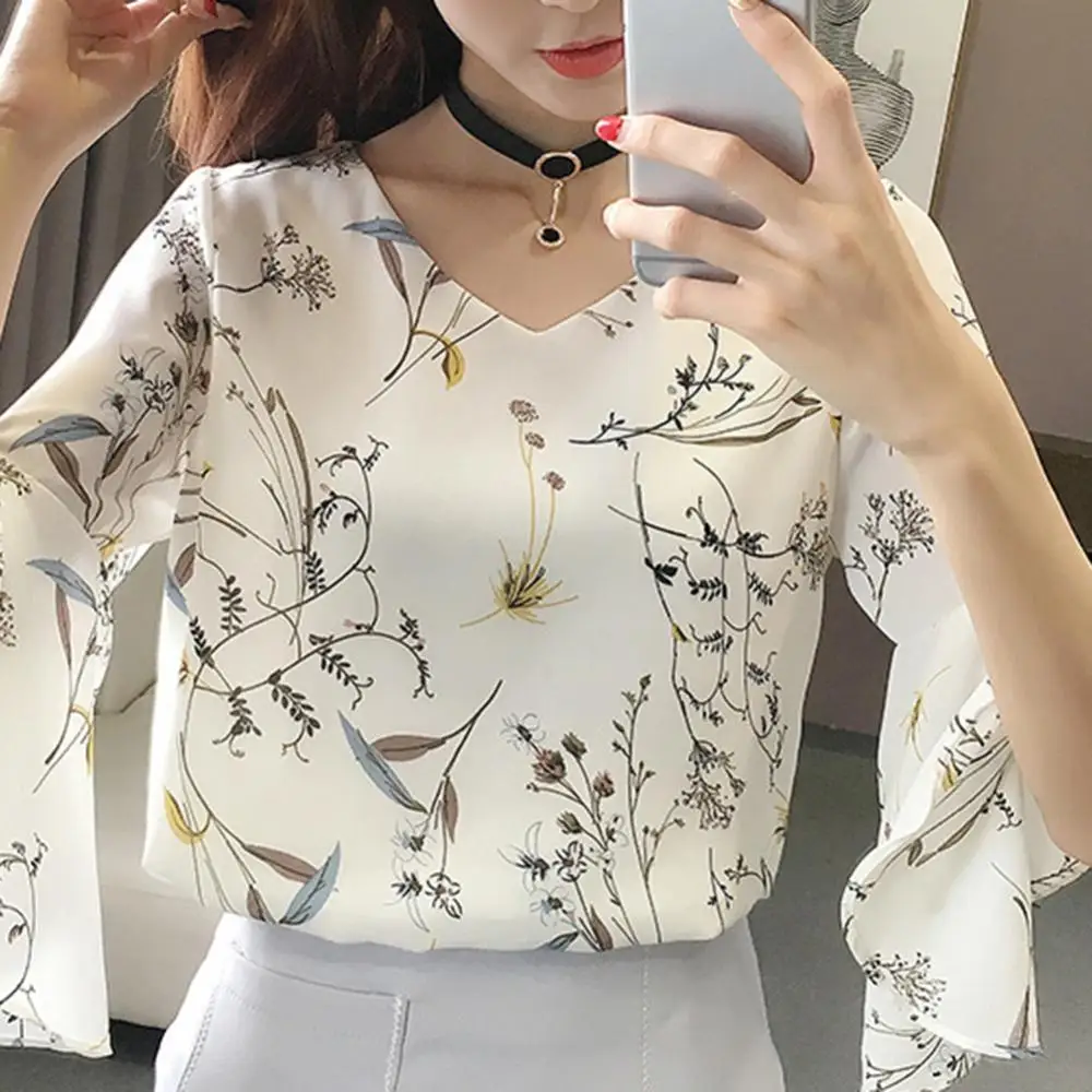 kf S8c76bf632d2844899934b2466b6c4bf8z Office Lady Fashion Flower Print Shirt Half Flare Sleeve V Neck Chiffon Blouse Casual Daily Wear