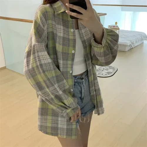 kf S9058d3a036854be99c36cef1ef95edd4x Plaid Shirt Women Autumn Long Sleeve Top Female Vintage Fashion Single Breasted Blouse Ladies Preppy Style