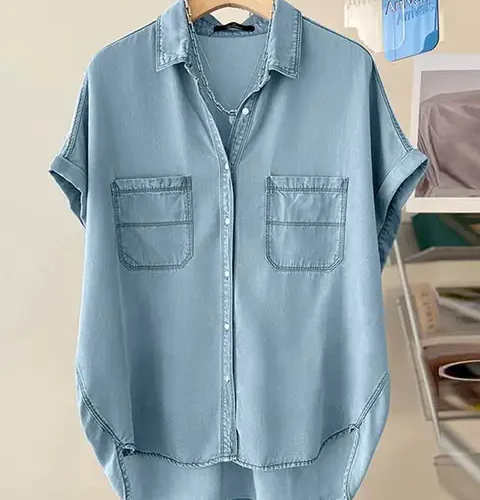 kf S90dbe52bea434c1c82089db8b5d69a3bZ ZANZEA 2024 Elegant Short Sleeve Demin Blue Blouse Women Casual Solid Loose Tops Tees Summer Button 1