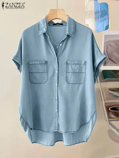 kf S90dbe52bea434c1c82089db8b5d69a3bZ ZANZEA 2024 Elegant Short Sleeve Demin Blue Blouse Women Casual Solid Loose Tops Tees Summer Button 1