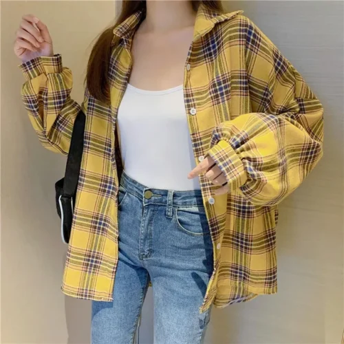 kf S90e517675f9a404cbed38744ca20fdf1a Plaid Shirt Women Autumn Long Sleeve Top Female Vintage Fashion Single Breasted Blouse Ladies Preppy Style