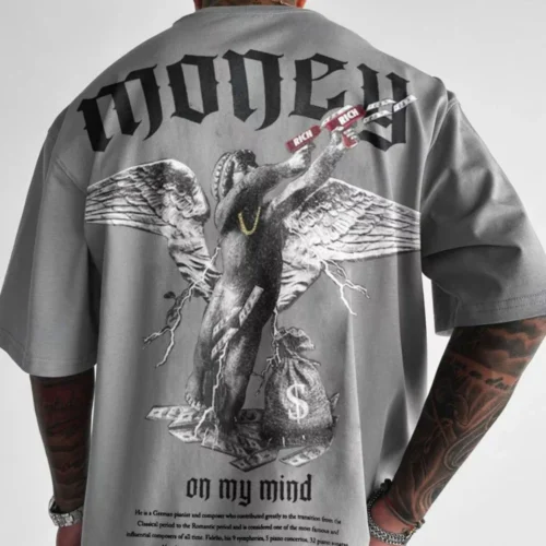 kf S9102fd87e81e4c6bbf26b78a1fde57759 Summer Hot Selling Trendy Men s Loose Fitting T shirt Money Angel Print Short Sleeved Muscular