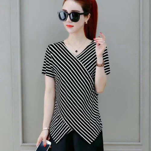 kf S91a06cfd9eba4e15b3334530b00b0b01L Fashion V Neck Short Sleeve Striped Irregular Blouses Women s Clothing 2024 Summer New Loose Casual