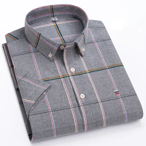 kf S91c9998abf224c3da982bf33651240e32 New High Quality Cotton Shirts for Men Short Sleeve Summer Plaid Striped Male Business Casual White