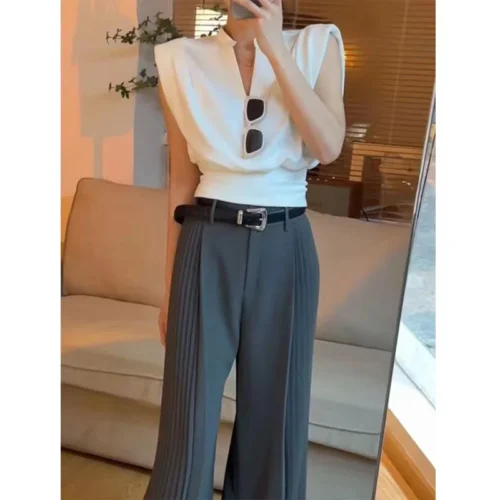 kf S92950f0994194fd98733b5424138ff6cP Deeptown Women Blouses V neck Korean Style Elegant Chic White Sleeveless Shirts Black Crop Tops Office