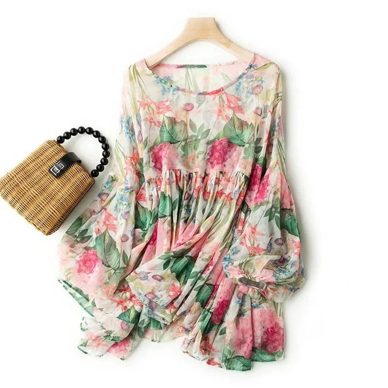 kf S93fd2f0f827c439283c875951db104219 Floral Chiffon Shirt Blouse Top 2024 Spring Clothes Loose Size Korean Fashion Retro Thin Loose Casual