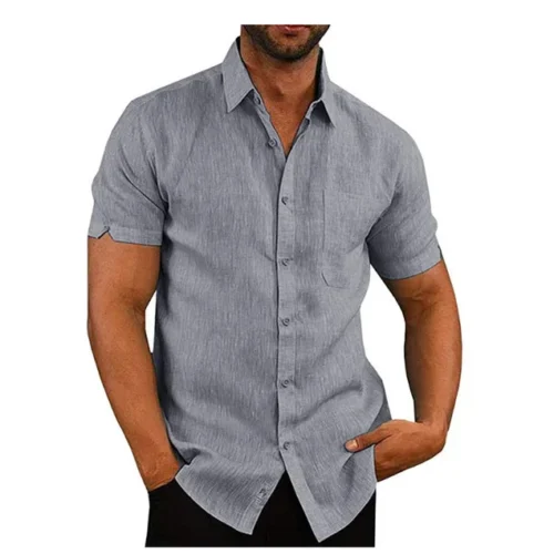 kf S955828208165403399e2e64aba9bbeb6h Summer Cotton Linen Shirts For Men Casual Short Sleeved Shirts Blouses Solid Turn Down Collar Formal